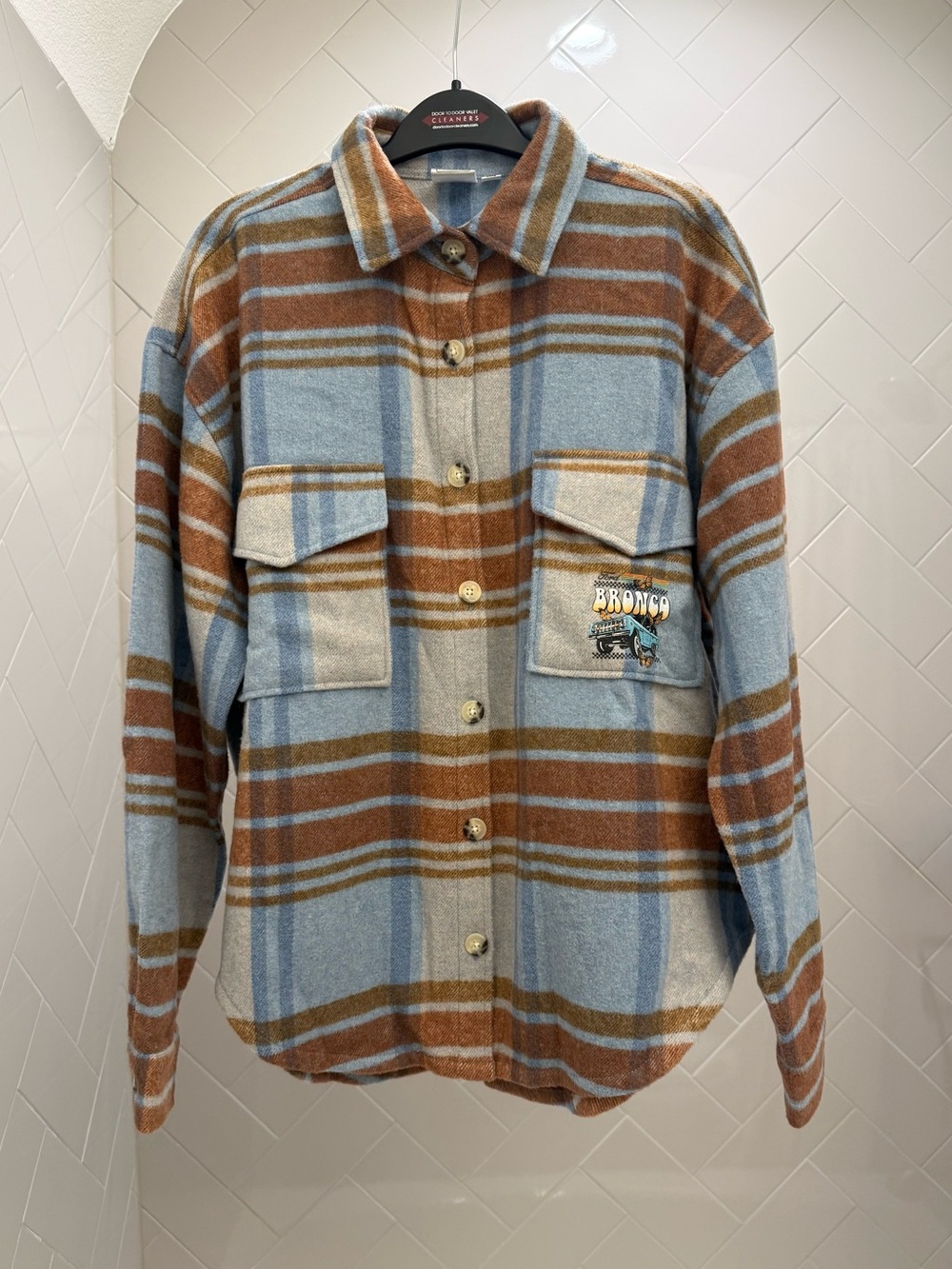 Ford Plaid Button-Front Shirt Jacket in Light Blue and Brown